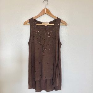 Michael Kors Brown Sequined Hi-Lo Crew Tank Top